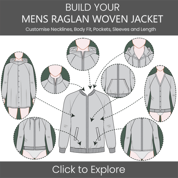 Men's Woven Casual Jacket Raglan Sleeve Pattern & Tech Pack