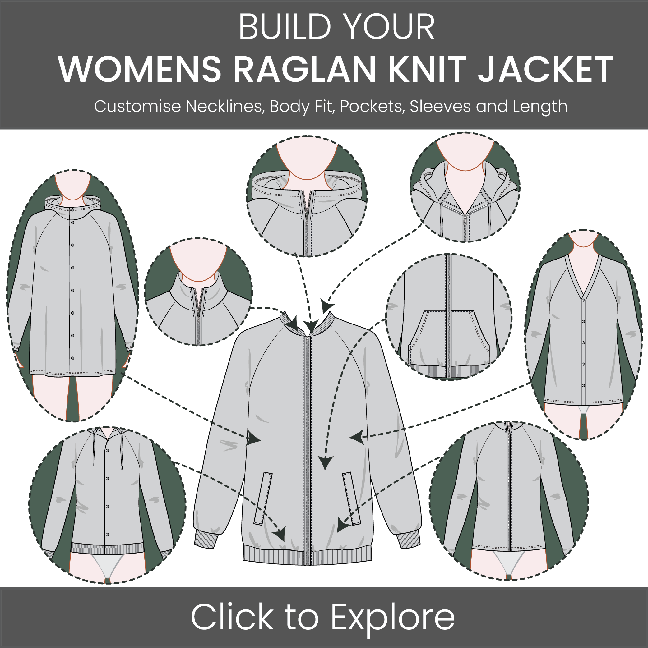 Women's Jacket Raglan Sleeve Pattern & Tech Pack